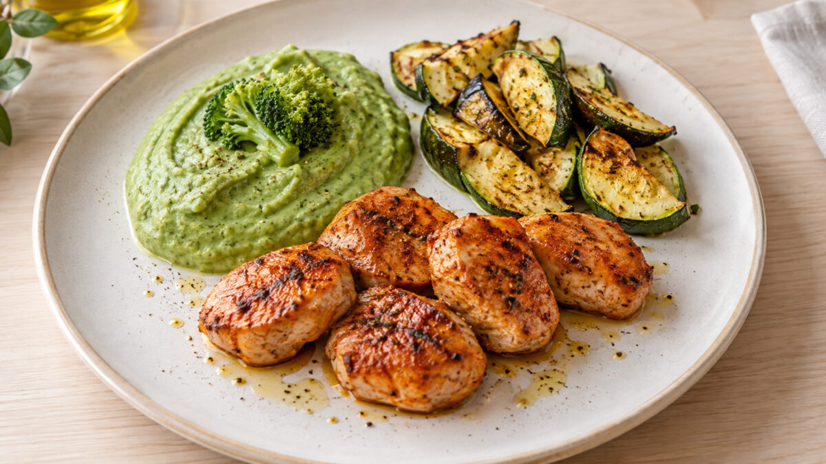 Paprika-Putenmedaillons mit Brokkolicreme und Ofenzucchini