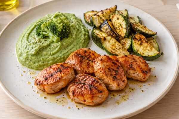 Paprika-Putenmedaillons mit Brokkolicreme und Ofenzucchini