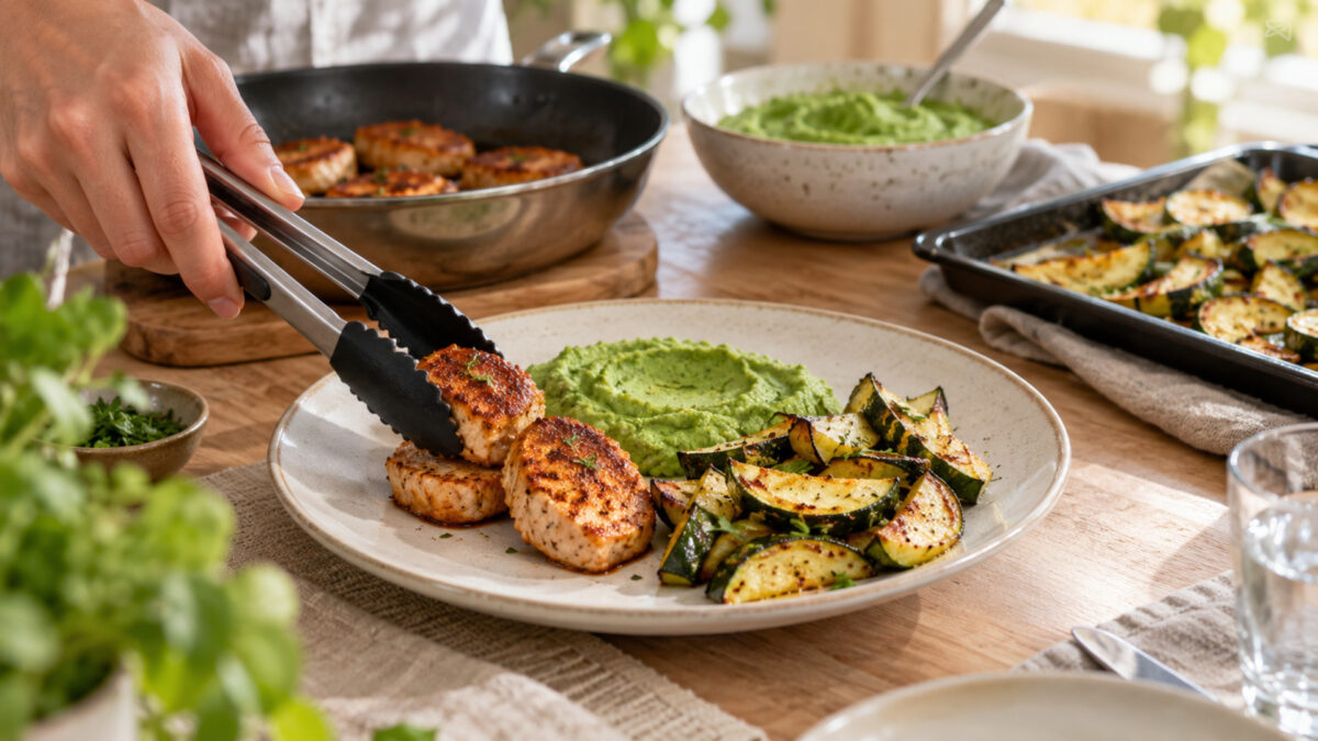 Paprika-Putenmedaillons mit Brokkolicreme und Ofenzucchini
