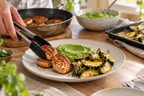 Paprika-Putenmedaillons mit Brokkolicreme und Ofenzucchini