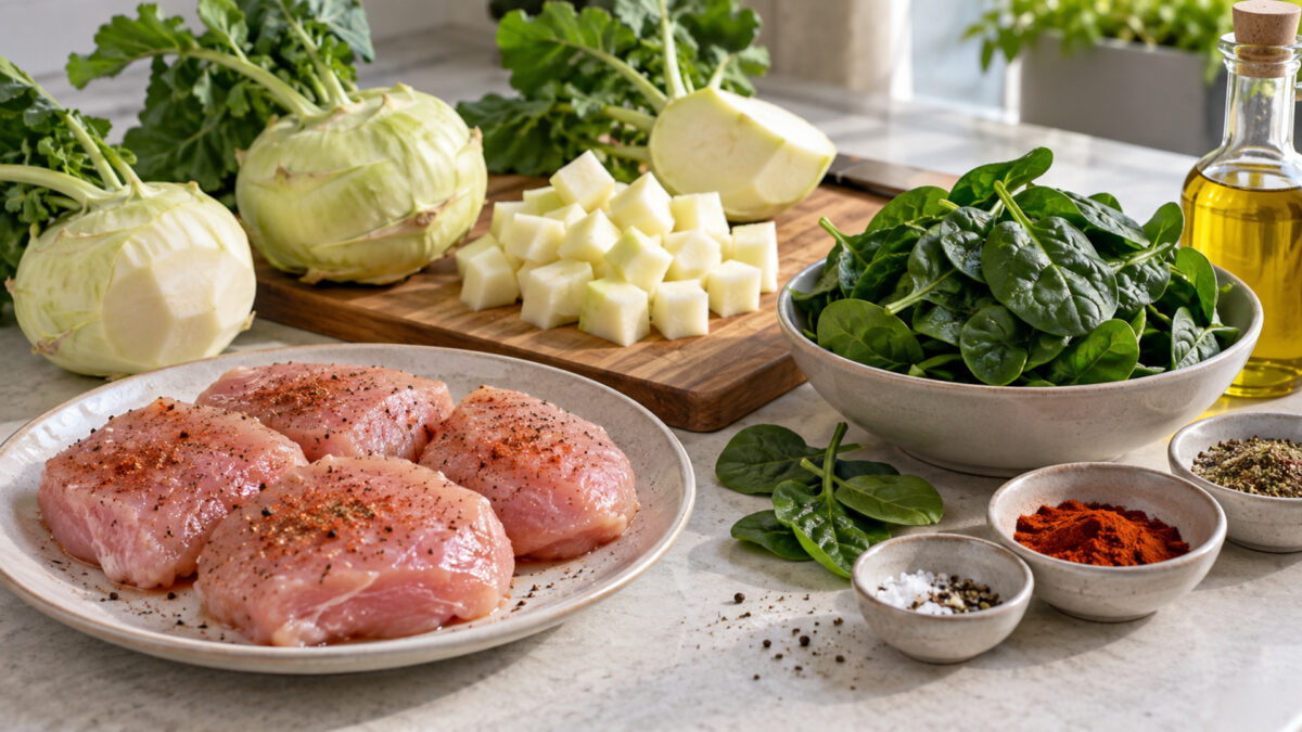 Paprika-Putenmedaillons mit Kohlrabistampf und Blattspinat