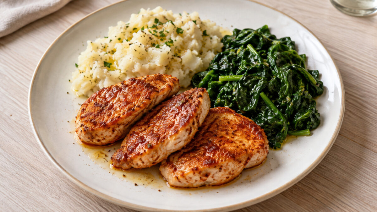 Paprika-Putenmedaillons mit Kohlrabistampf und Blattspinat