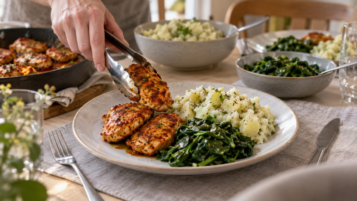 Paprika-Putenmedaillons mit Kohlrabistampf und Blattspinat