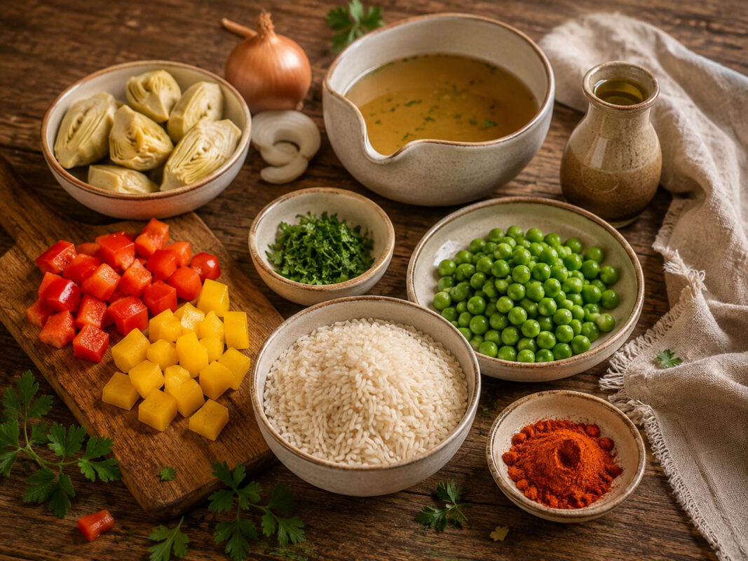 Zutaten- und Vorbereitungsansicht mit Reis, Paprika, Artischockenherzen, Erbsen, Kräutern und Brühe im passenden Stil.