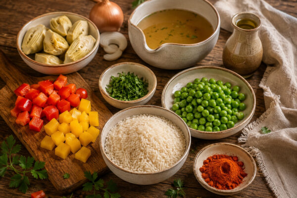 Zutaten- und Vorbereitungsansicht mit Reis, Paprika, Artischockenherzen, Erbsen, Kräutern und Brühe im passenden Stil.