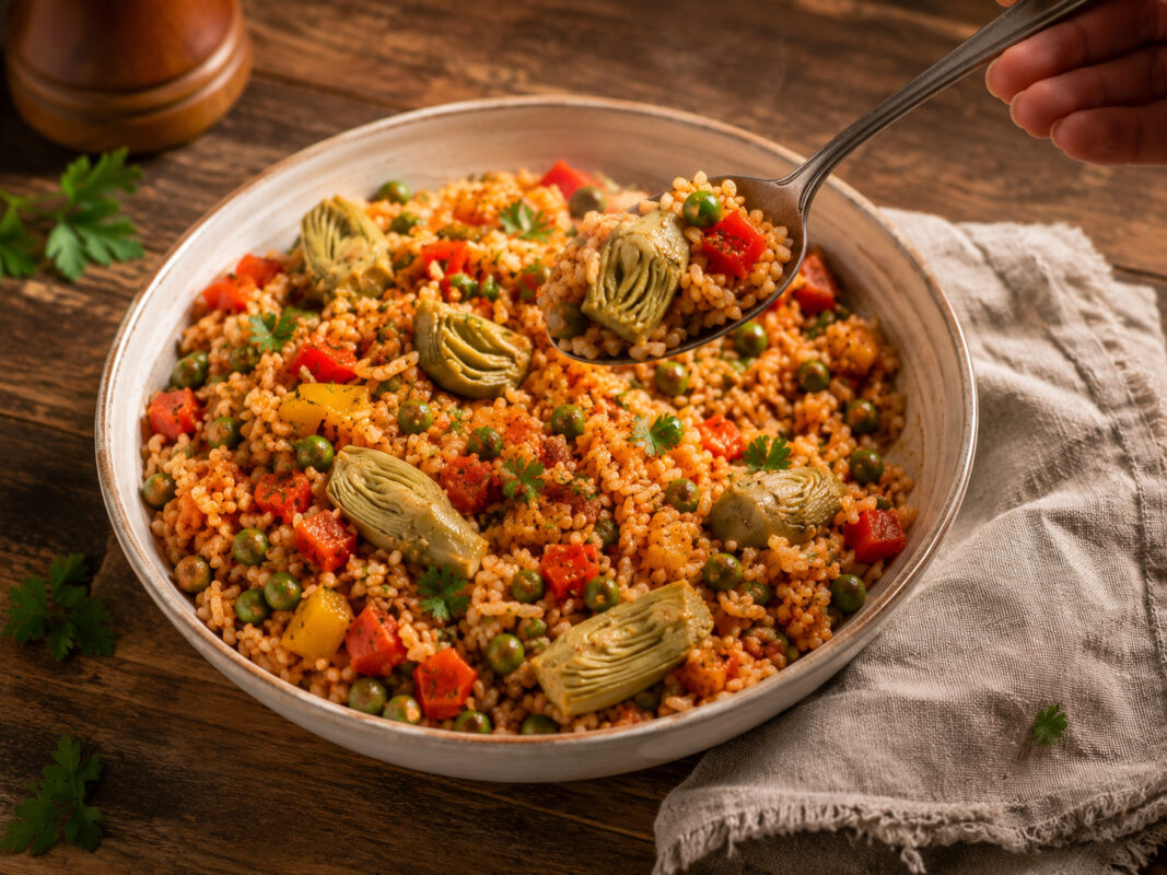 Serviersituation mit einem Löffel Paprika-Reis, Artischocken und Erbsen im gleichen rustikalen Foodfoto-Stil.