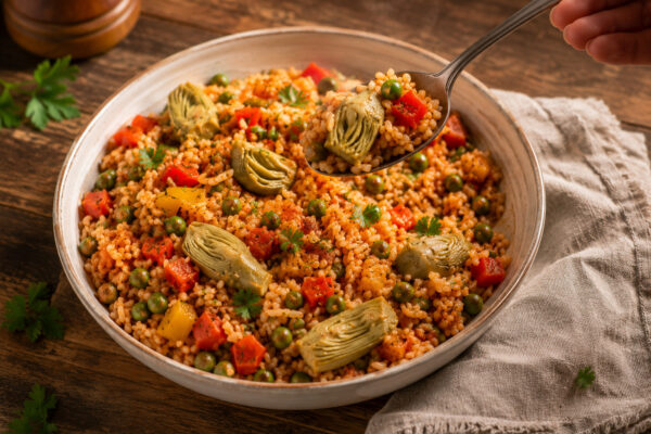 Serviersituation mit einem Löffel Paprika-Reis, Artischocken und Erbsen im gleichen rustikalen Foodfoto-Stil.
