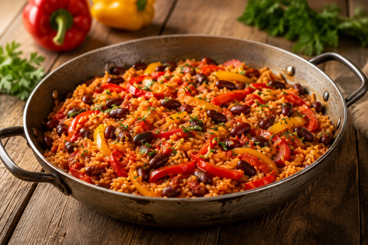 Fertige Paprika-Reis-Pfanne mit Kidneybohnen, roten und gelben Paprikastreifen und Petersilie in rustikaler Metallpfanne.