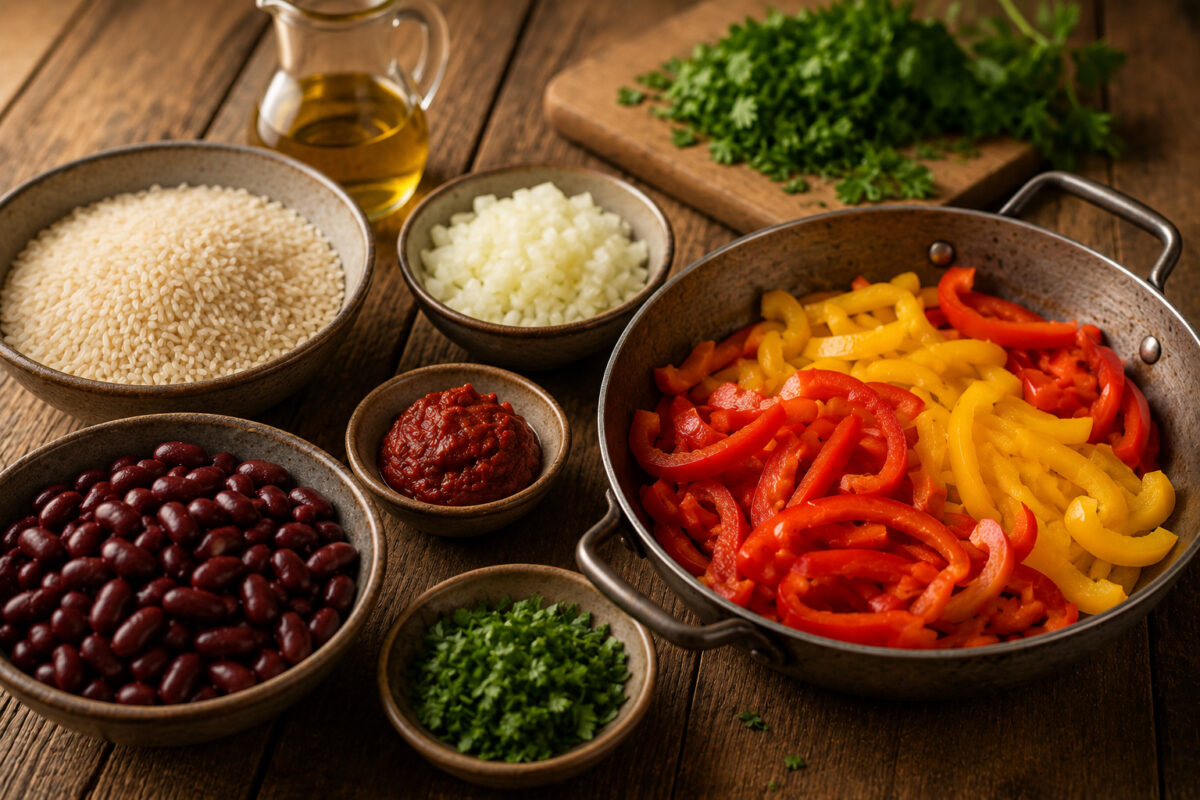 Zutaten- und Vorbereitungsansicht mit Reis, roten und gelben Paprikastreifen, Kidneybohnen, Zwiebel, Tomatenmark, Petersilie und Öl.