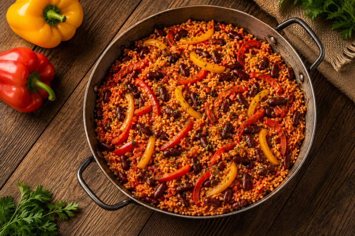 Fertige Paprika-Reis-Pfanne mit Bohnen aus deutlich höherer, diagonaler Perspektive.