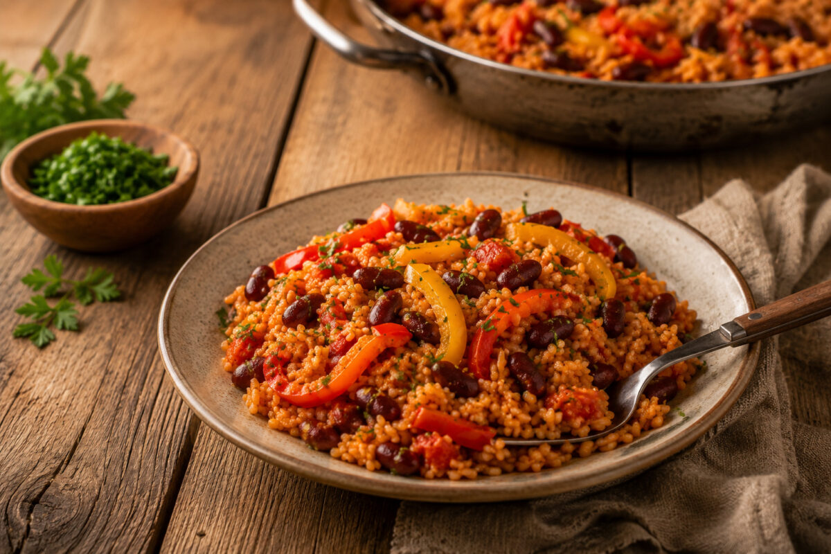Servierszene mit angerichteter Portion der Paprika-Reis-Pfanne mit Bohnen, Paprikastreifen und Petersilie.