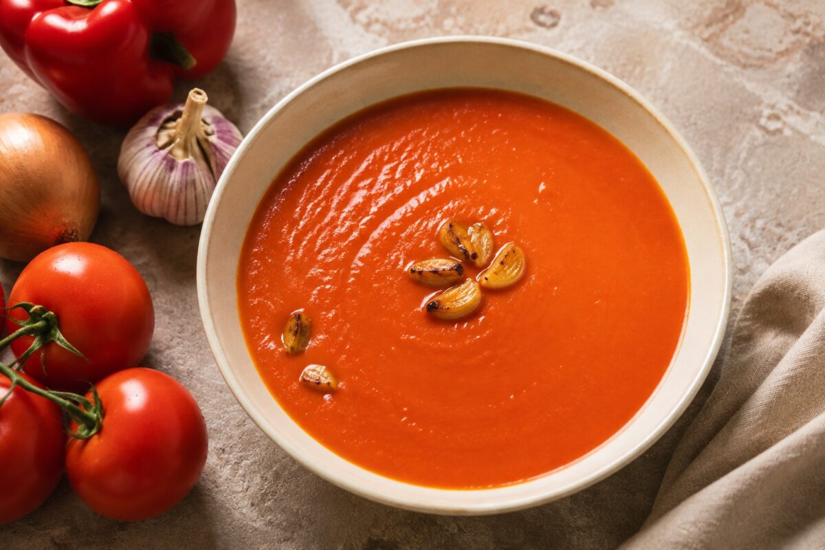 Hauptansicht des fertigen Gerichts. Rezept: Paprika-Tomaten-Suppe mit geröstetem Knoblauch