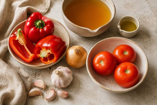 Zutaten- und Vorbereitungsansicht. Rezept: Paprika-Tomaten-Suppe mit geröstetem Knoblauch