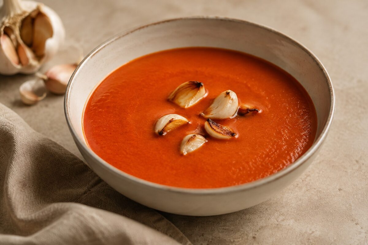 Fertiges Gericht aus alternativer Perspektive. Rezept: Paprika-Tomaten-Suppe mit geröstetem Knoblauch