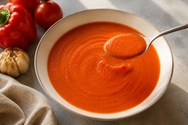 Servierszene mit dem fertigen Gericht. Rezept: Paprika-Tomaten-Suppe mit geröstetem Knoblauch