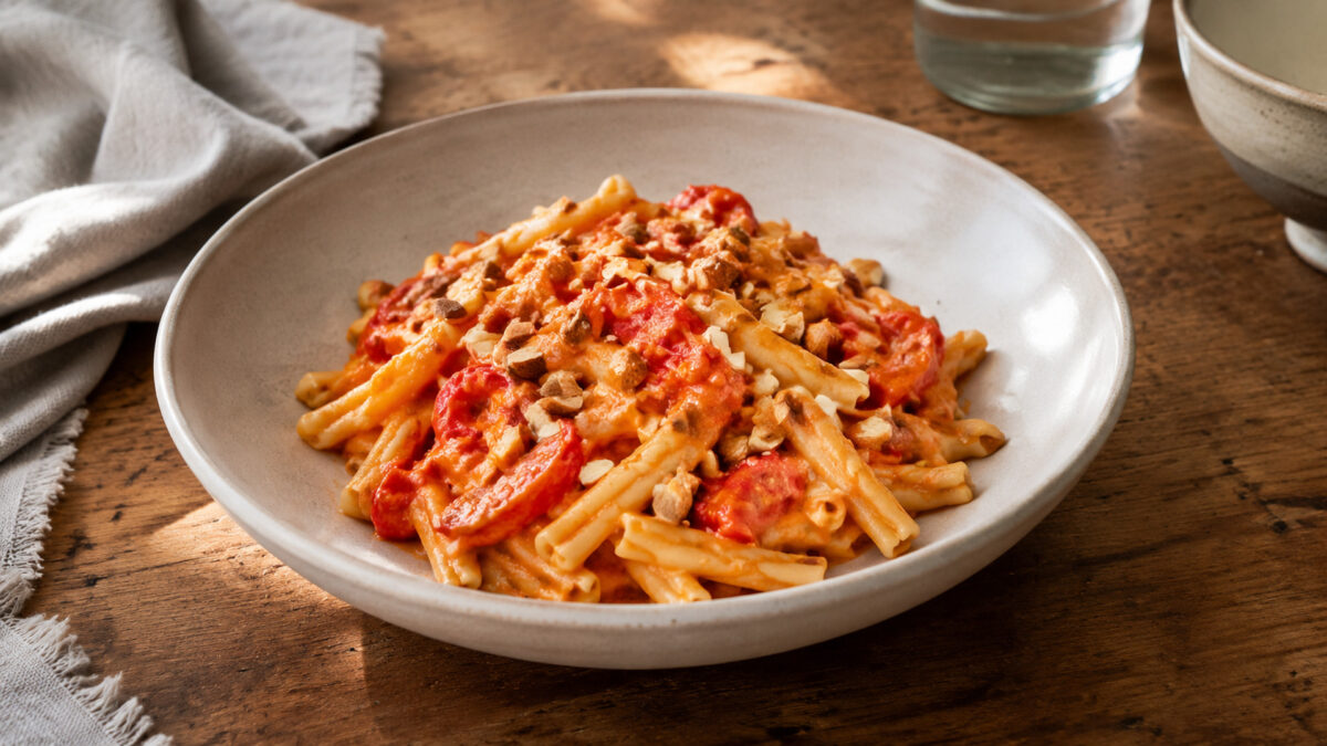 Hauptansicht des fertigen Gerichts. Rezept: Pasta mit Paprika-Mandel-Sauce