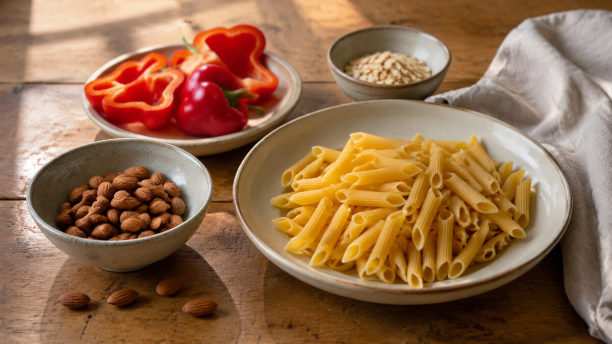 Zutaten- und Vorbereitungsansicht. Rezept: Pasta mit Paprika-Mandel-Sauce