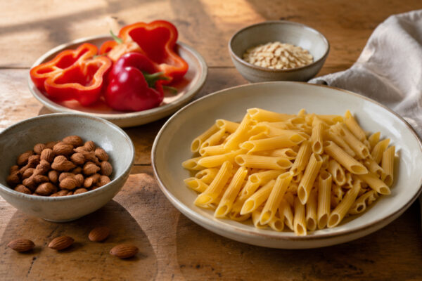 Zutaten- und Vorbereitungsansicht. Rezept: Pasta mit Paprika-Mandel-Sauce