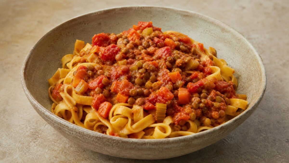 Hauptansicht des fertigen Gerichts. Rezept: Pasta mit Tomaten-Linsen-Bolognese