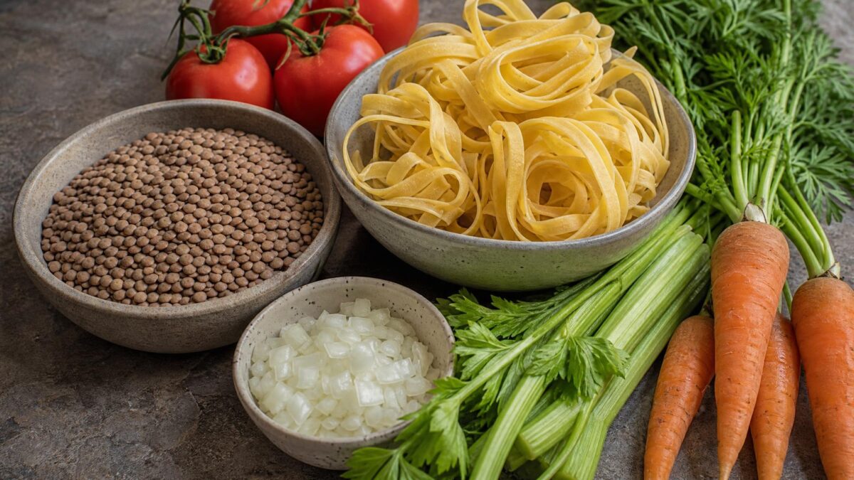 Zutaten- und Vorbereitungsansicht. Rezept: Pasta mit Tomaten-Linsen-Bolognese