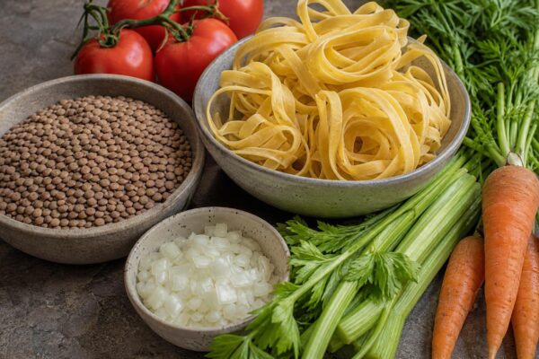 Zutaten- und Vorbereitungsansicht. Rezept: Pasta mit Tomaten-Linsen-Bolognese