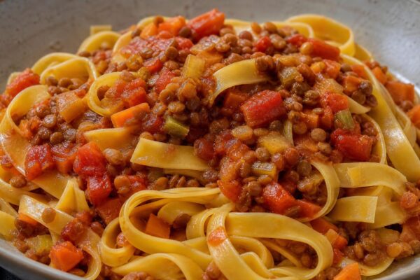 Fertiges Gericht aus einer alternativen Perspektive. Rezept: Pasta mit Tomaten-Linsen-Bolognese