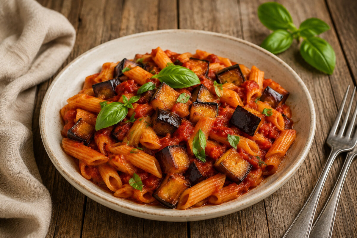 Fertige Penne alla Norma in roter Tomatensauce mit goldbraun gebratenen Auberginenwürfeln und frischem Basilikum in heller flacher Keramikschale.
