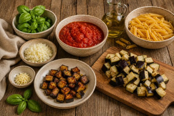 Zutaten- und Vorbereitungsansicht mit ungekochten Penne, Auberginenwürfeln, Tomatenbasis, Zwiebel, Knoblauch, Basilikum und Olivenöl.