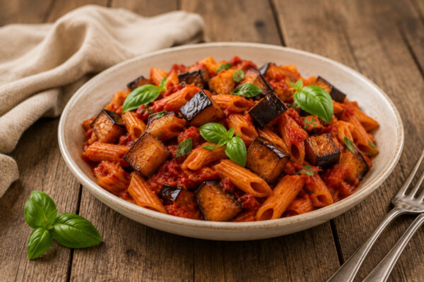 Fertige Penne alla Norma aus deutlich alternativer Perspektive, mit Tomatensauce, gebratenen Auberginenwürfeln und frischem Basilikum.