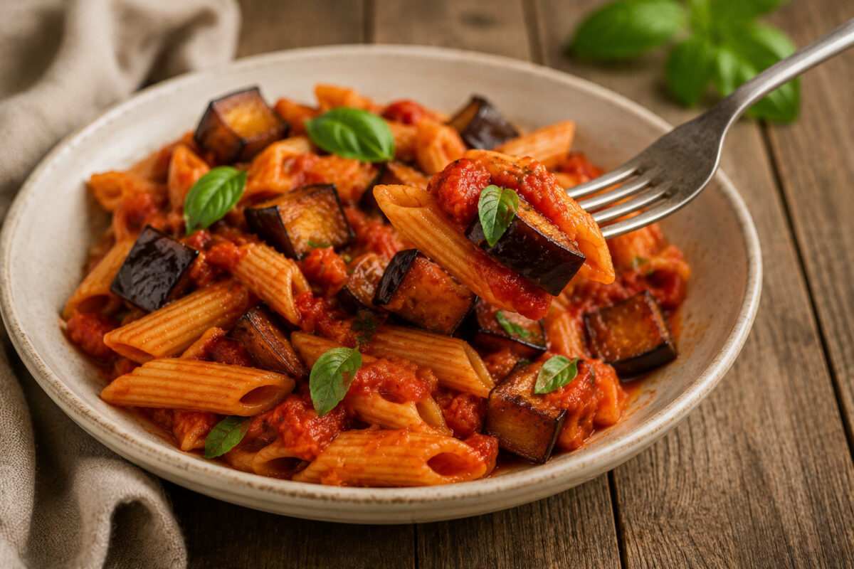Fertige Penne alla Norma als Servierdetail mit einer Gabel, die Penne, Tomatensauce und Aubergine aus der Schale aufnimmt.