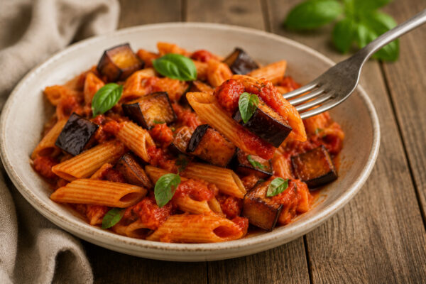 Fertige Penne alla Norma als Servierdetail mit einer Gabel, die Penne, Tomatensauce und Aubergine aus der Schale aufnimmt.