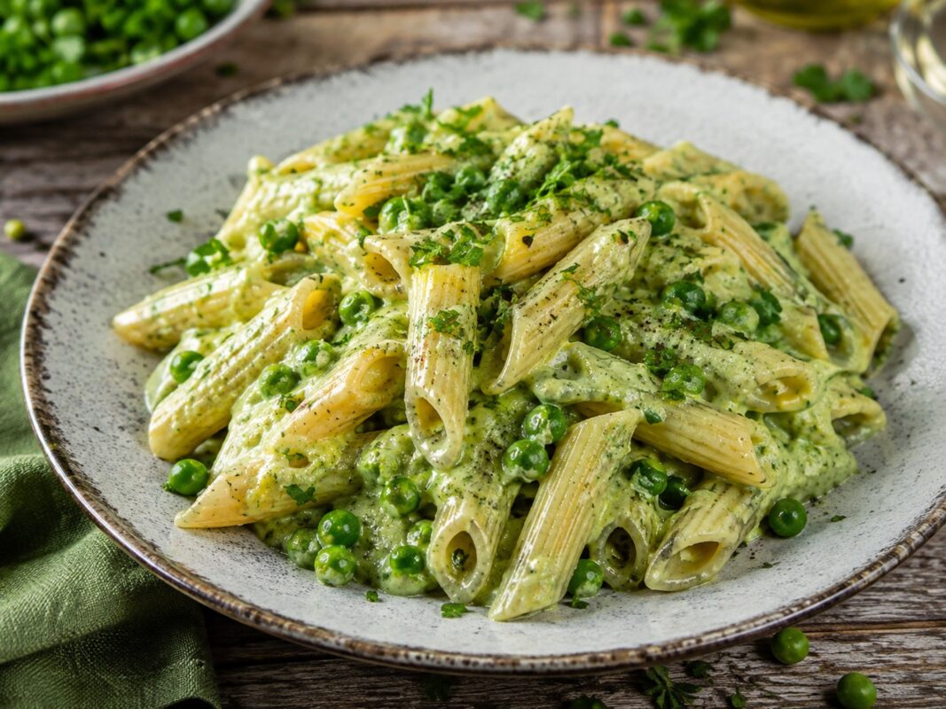 Breite Keramikschale mit Penne in hellgrüner cremiger Sauce, sichtbaren Erbsen und frischen Kräutern.