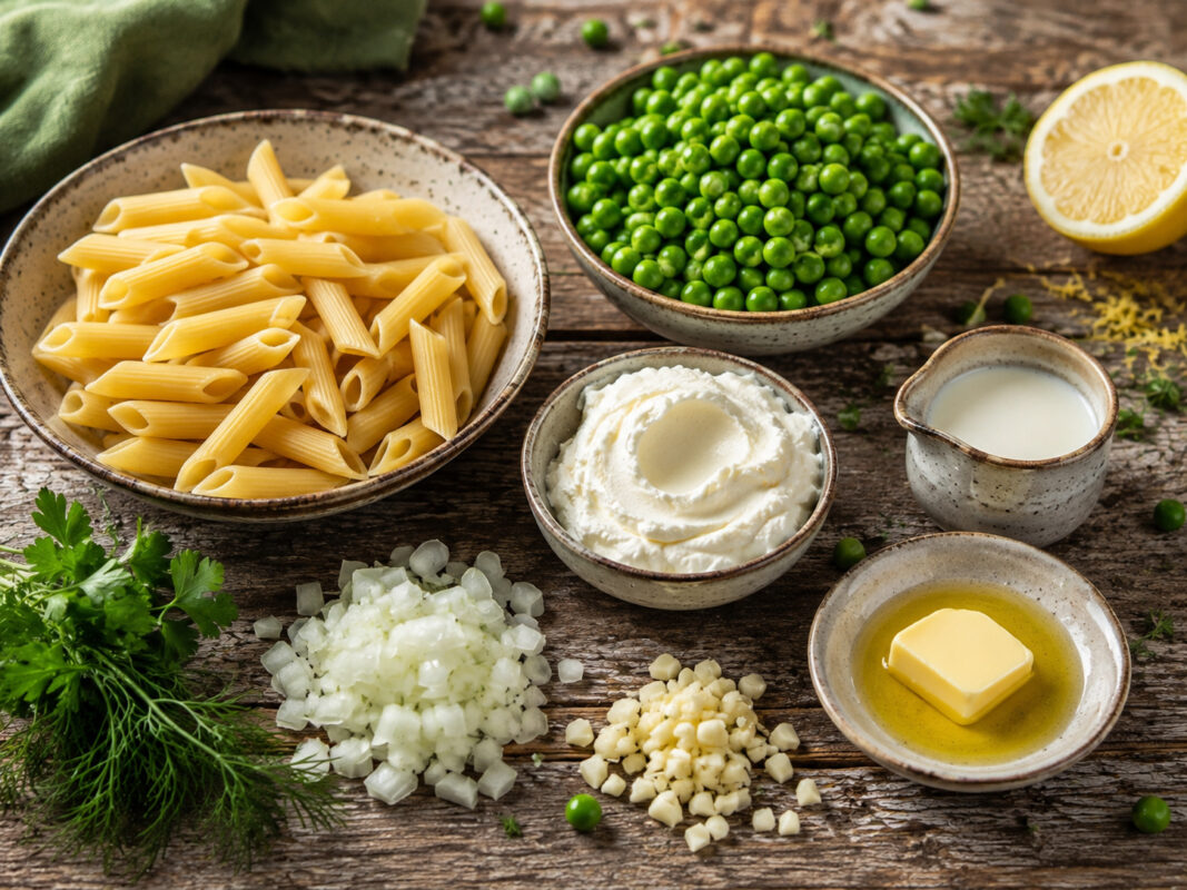 Zutaten- und Vorbereitungsansicht mit Penne, Erbsen, Frischkäse, Milch, Zwiebel, Knoblauch, Butter oder Olivenöl, Petersilie, Dill und Zitrone.