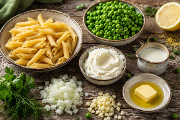 Zutaten- und Vorbereitungsansicht mit Penne, Erbsen, Frischkäse, Milch, Zwiebel, Knoblauch, Butter oder Olivenöl, Petersilie, Dill und Zitrone.