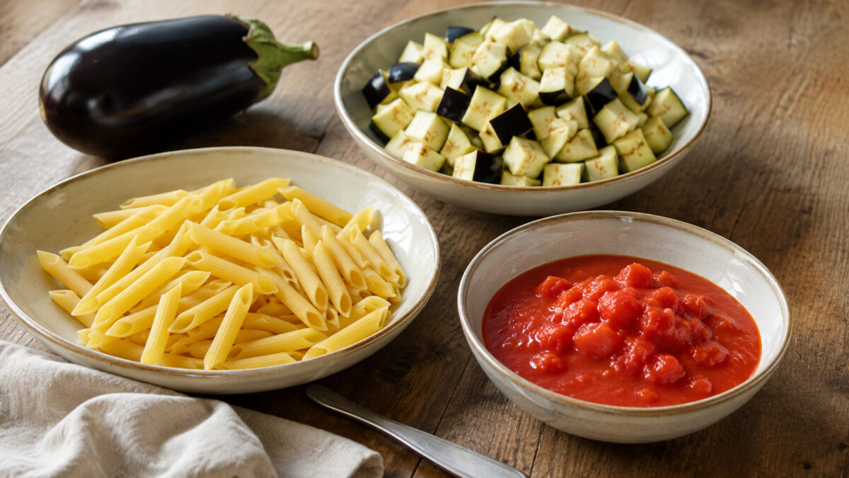 Zutaten- und Vorbereitungsansicht. Rezept: Penne mit Auberginen-Tomaten-Ragout