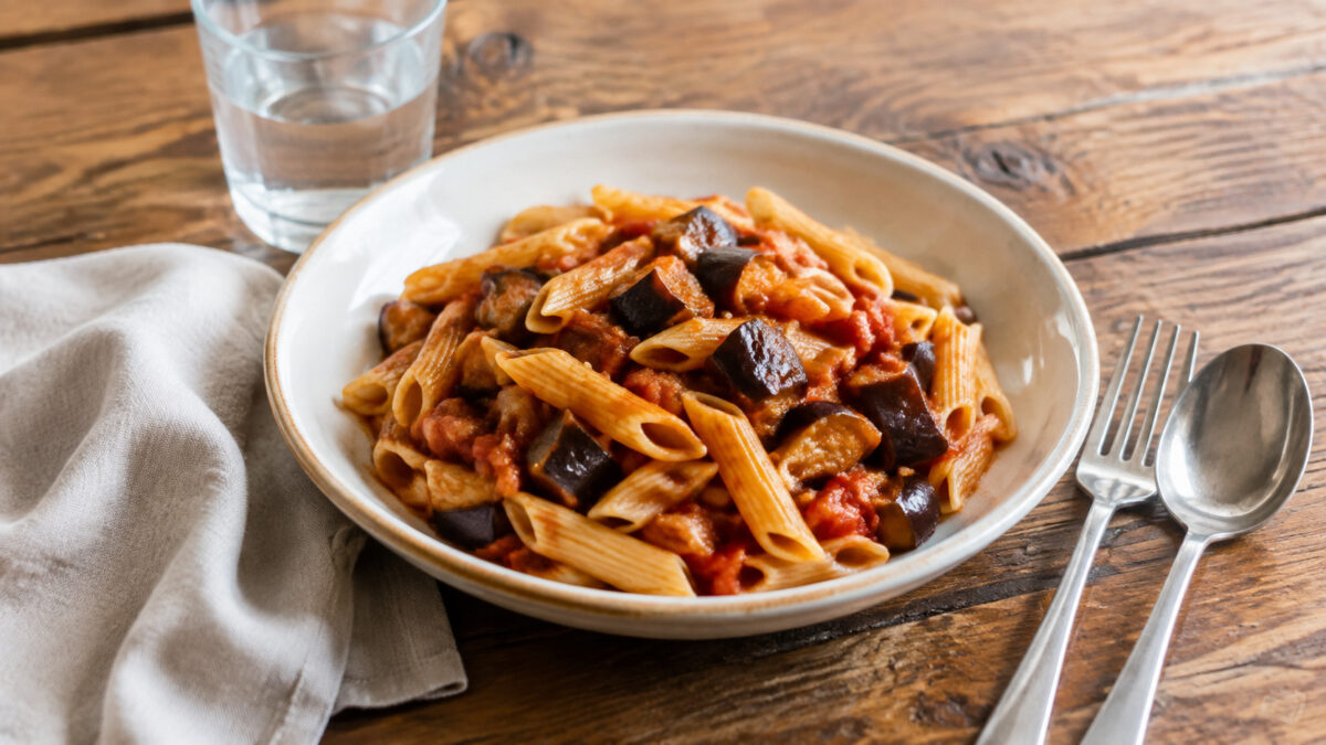 Fertiges Gericht aus alternativer Perspektive. Rezept: Penne mit Auberginen-Tomaten-Ragout