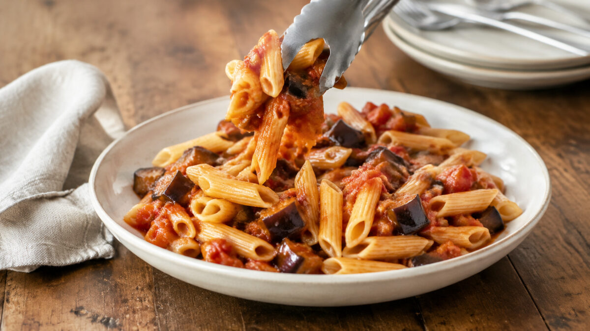Servierszene mit dem fertigen Gericht. Rezept: Penne mit Auberginen-Tomaten-Ragout