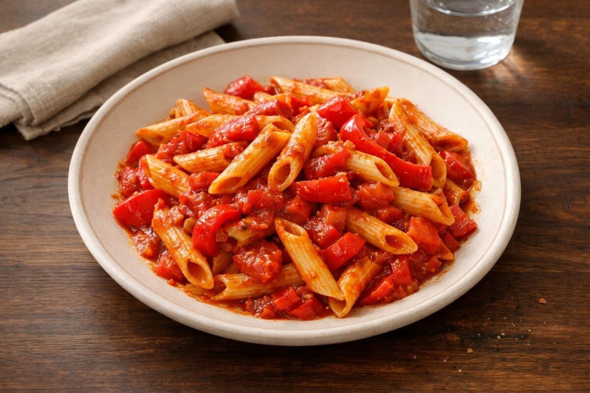 Hauptansicht des fertigen Gerichts. Rezept: Penne mit Paprika-Tomatensauce