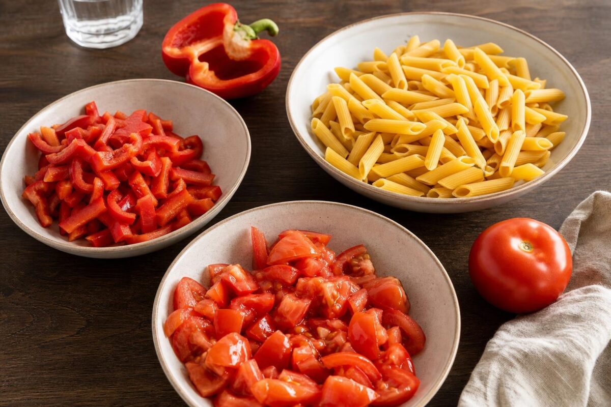 Zutaten- und Vorbereitungsansicht. Rezept: Penne mit Paprika-Tomatensauce