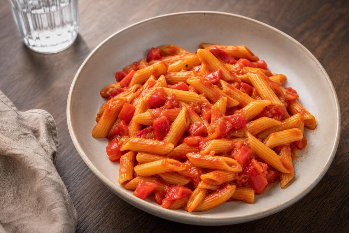 Fertiges Gericht aus einer alternativen Perspektive. Rezept: Penne mit Paprika-Tomatensauce