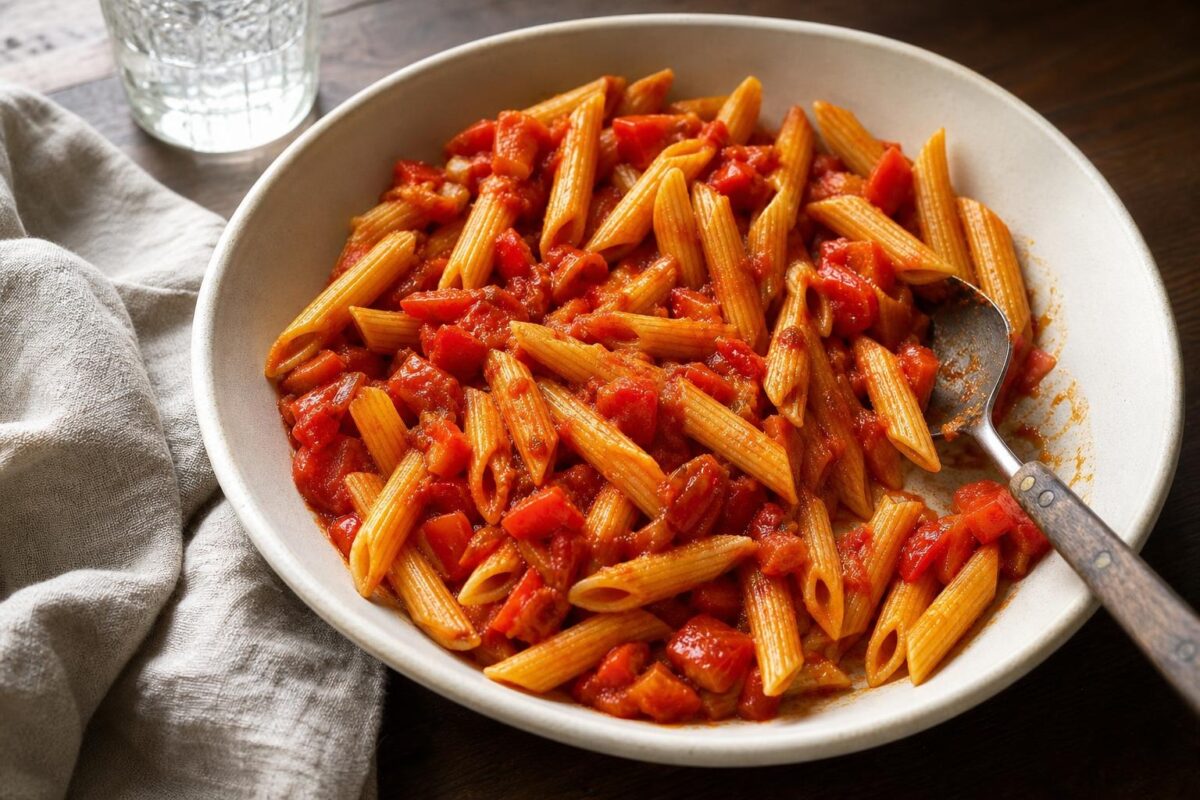 Servierszene mit dem fertigen Gericht. Rezept: Penne mit Paprika-Tomatensauce