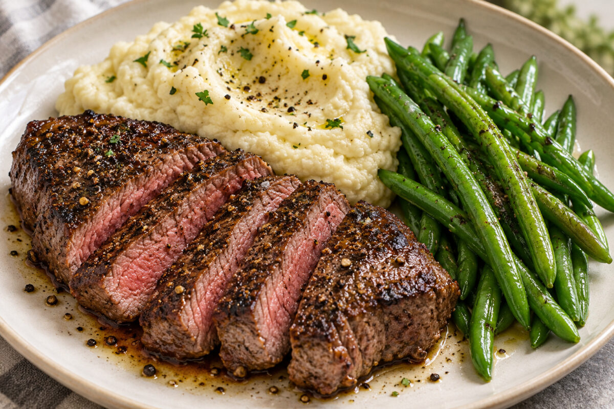 Pfeffer-Rindersteak mit Blumenkohlpüree und grünen Bohnen