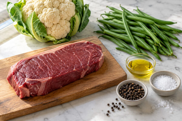 Pfeffer-Rindersteak mit Blumenkohlpüree und grünen Bohnen