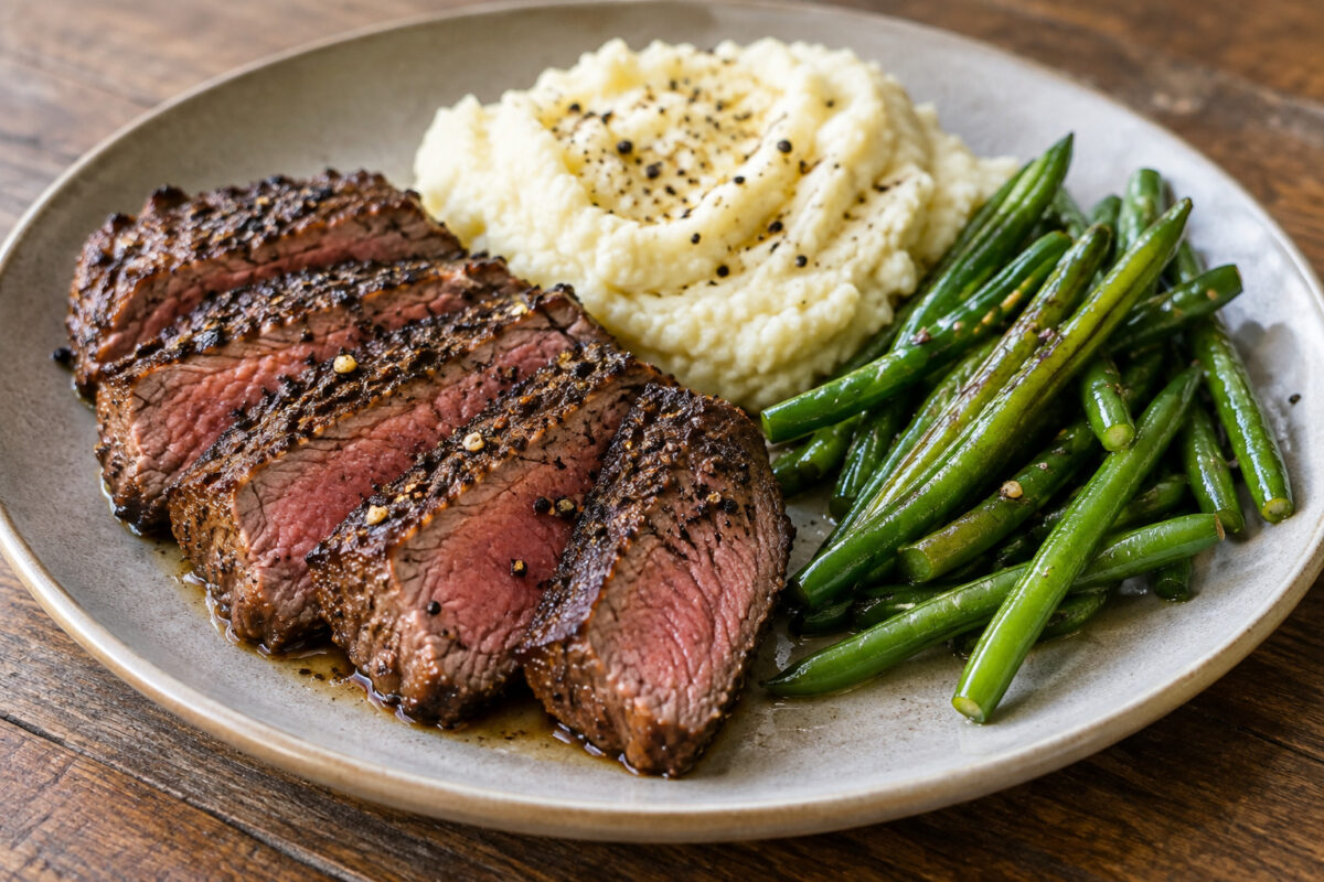 Pfeffer-Rindersteak mit Blumenkohlpüree und grünen Bohnen