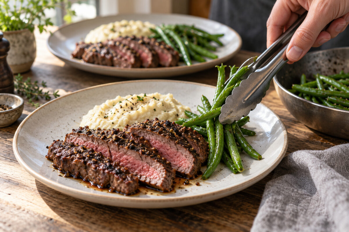 Pfeffer-Rindersteak mit Blumenkohlpüree und grünen Bohnen