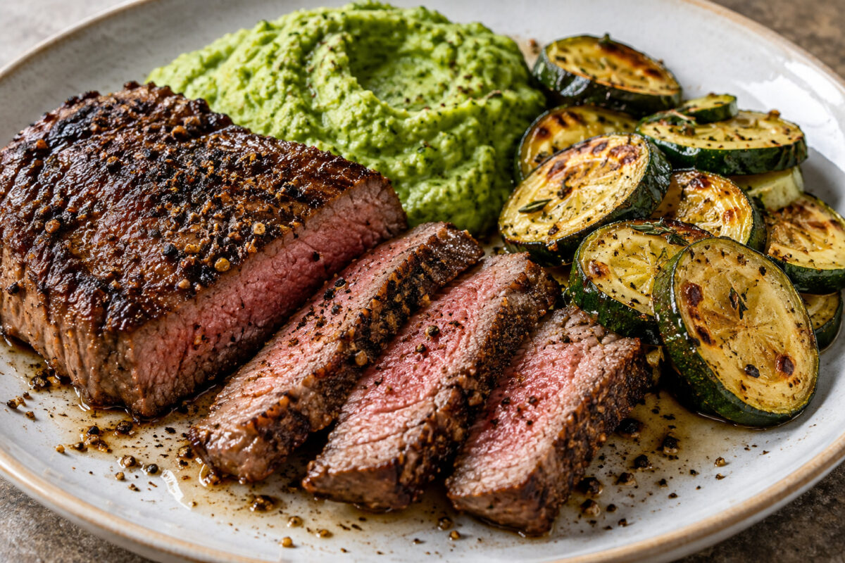 Pfeffer-Rindersteak mit Brokkolicreme und Ofenzucchini