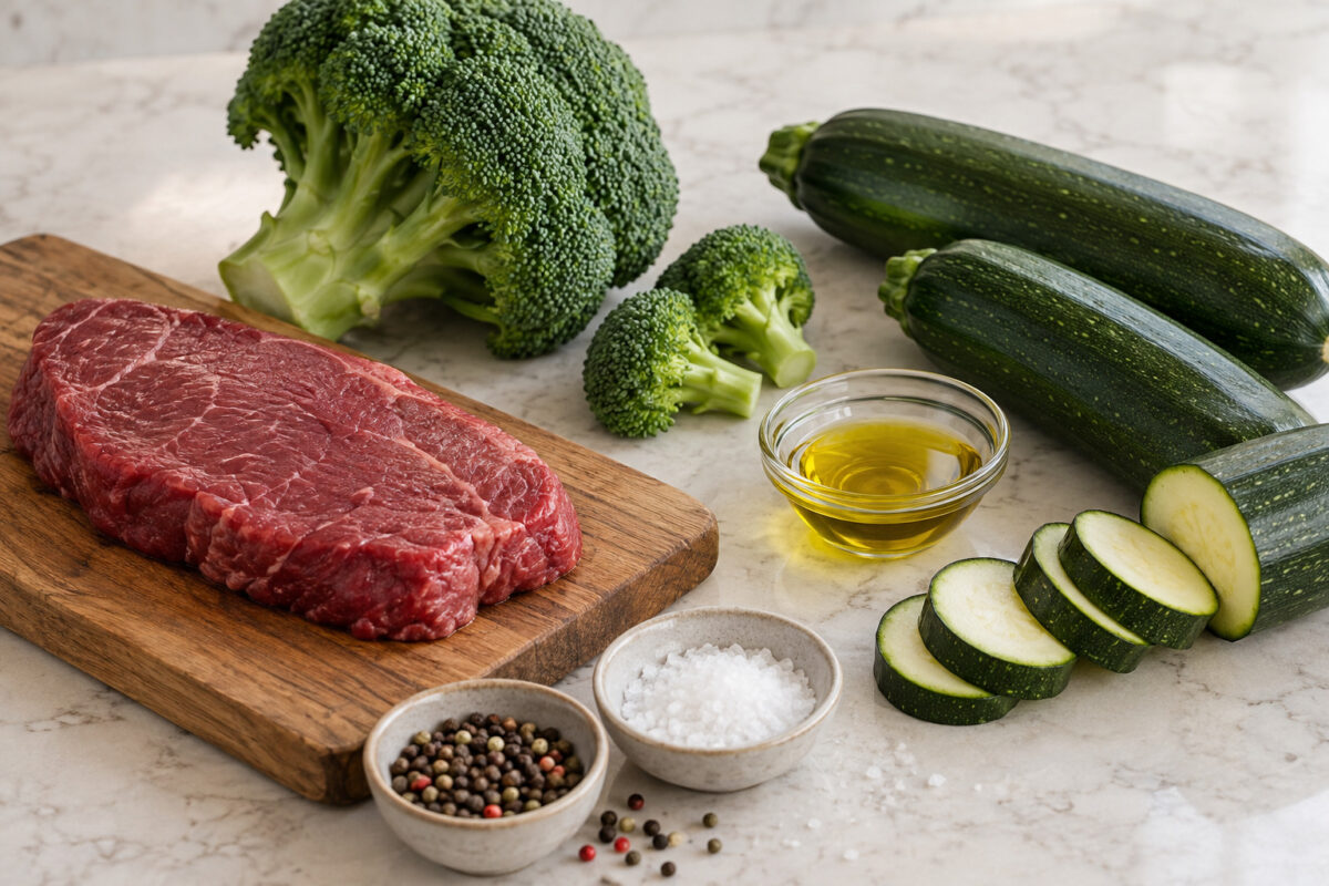 Pfeffer-Rindersteak mit Brokkolicreme und Ofenzucchini