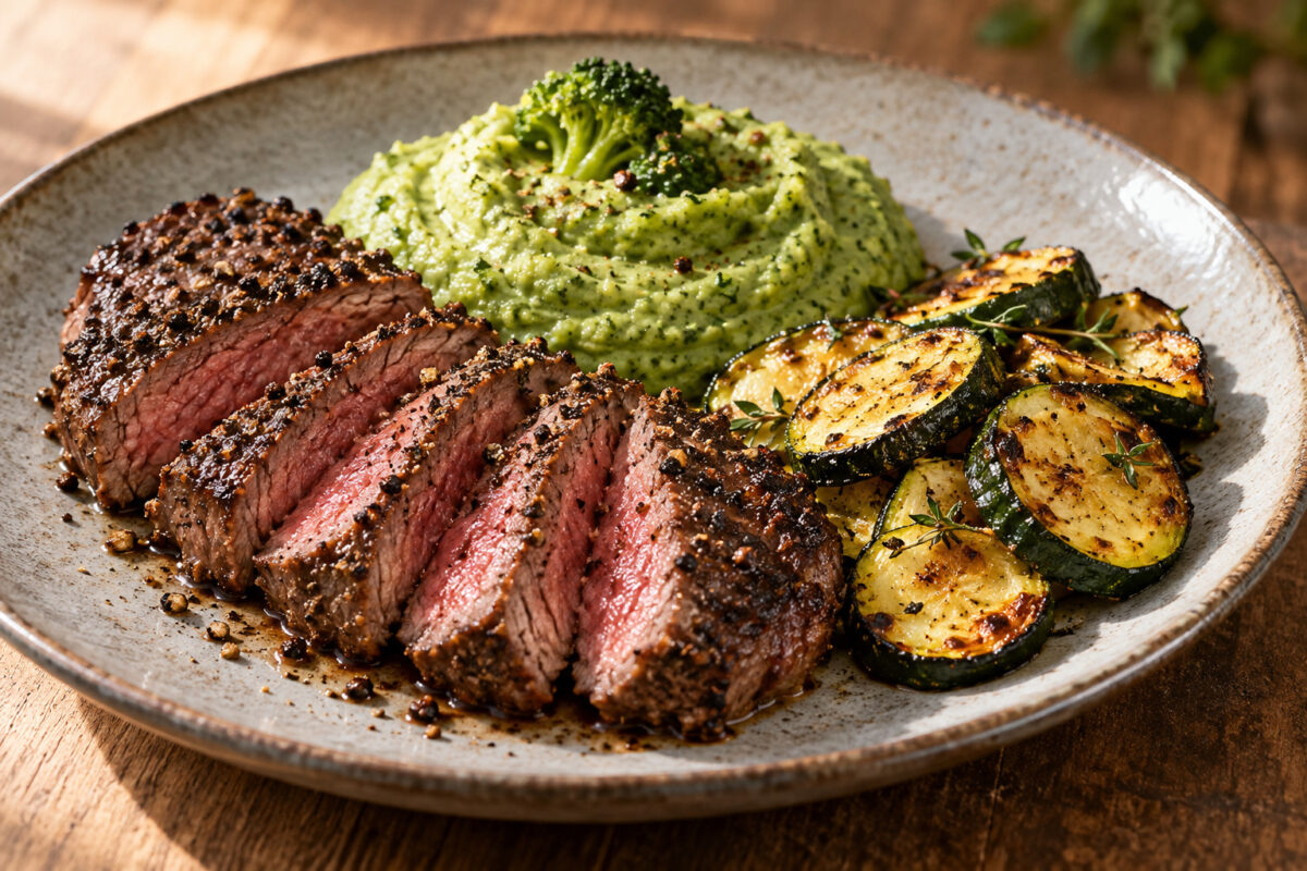 Pfeffer-Rindersteak mit Brokkolicreme und Ofenzucchini