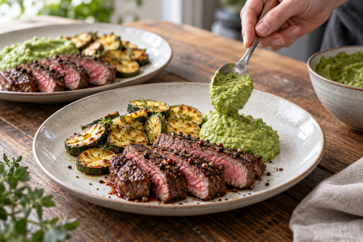 Pfeffer-Rindersteak mit Brokkolicreme und Ofenzucchini