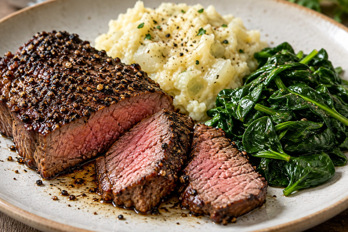 Pfeffer-Rindersteak mit Kohlrabistampf und Blattspinat
